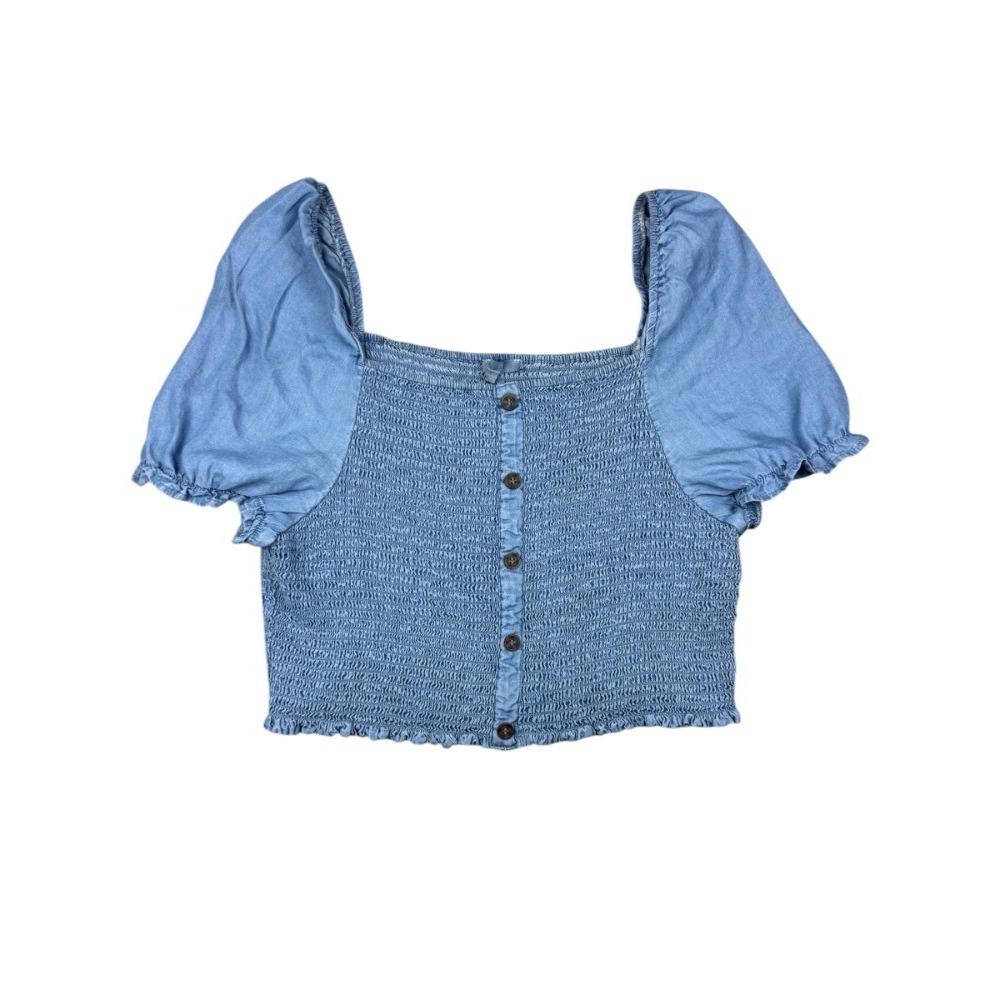 Love Tree Women's 3X Blue Chambray Crop Top Smocked Sweetheart Tencel NWT - Picture 2 of 9